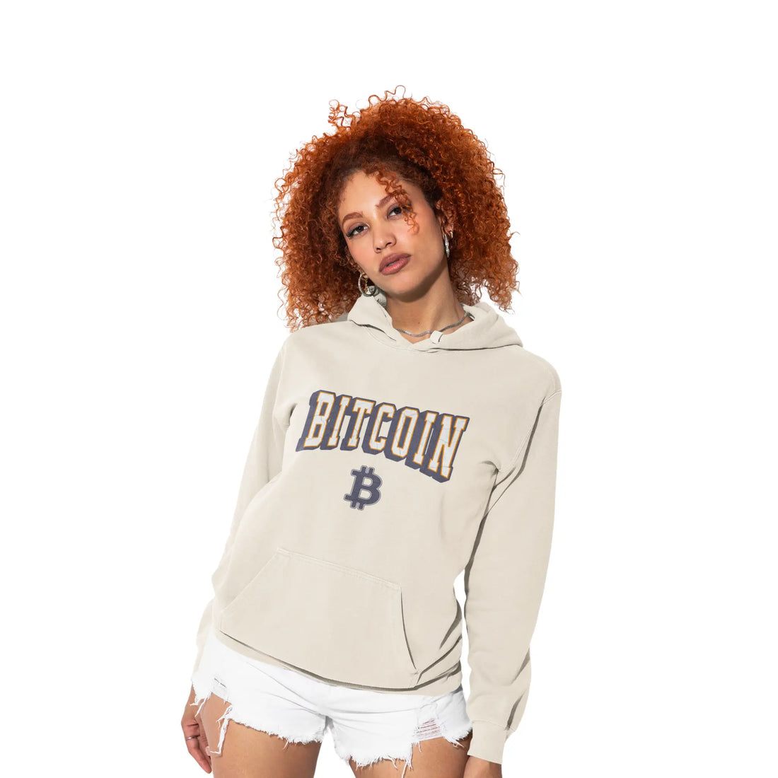 Bitcoin Stronger Than Ever Unisex Hoodie - Sandshell - Lane Seven LS14001 Model Front - Bitcoin Apparel