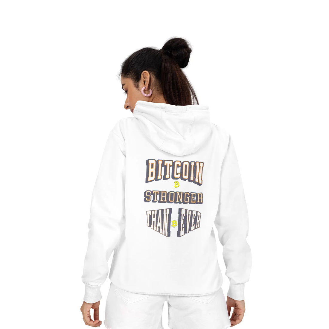 Bitcoin Stronger Than Ever Unisex Hoodie Back Print - White - Lane Seven LS14001 Model Back View - Bitcoin Merch