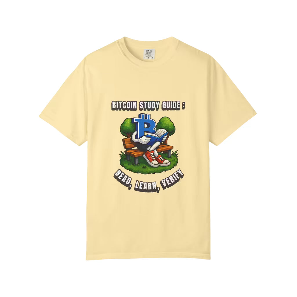 Bitcoin Study Guide Read Learn Verify T-shirt in Banana by Comfort Colors 1717 with colorful Bitcoin book graphic