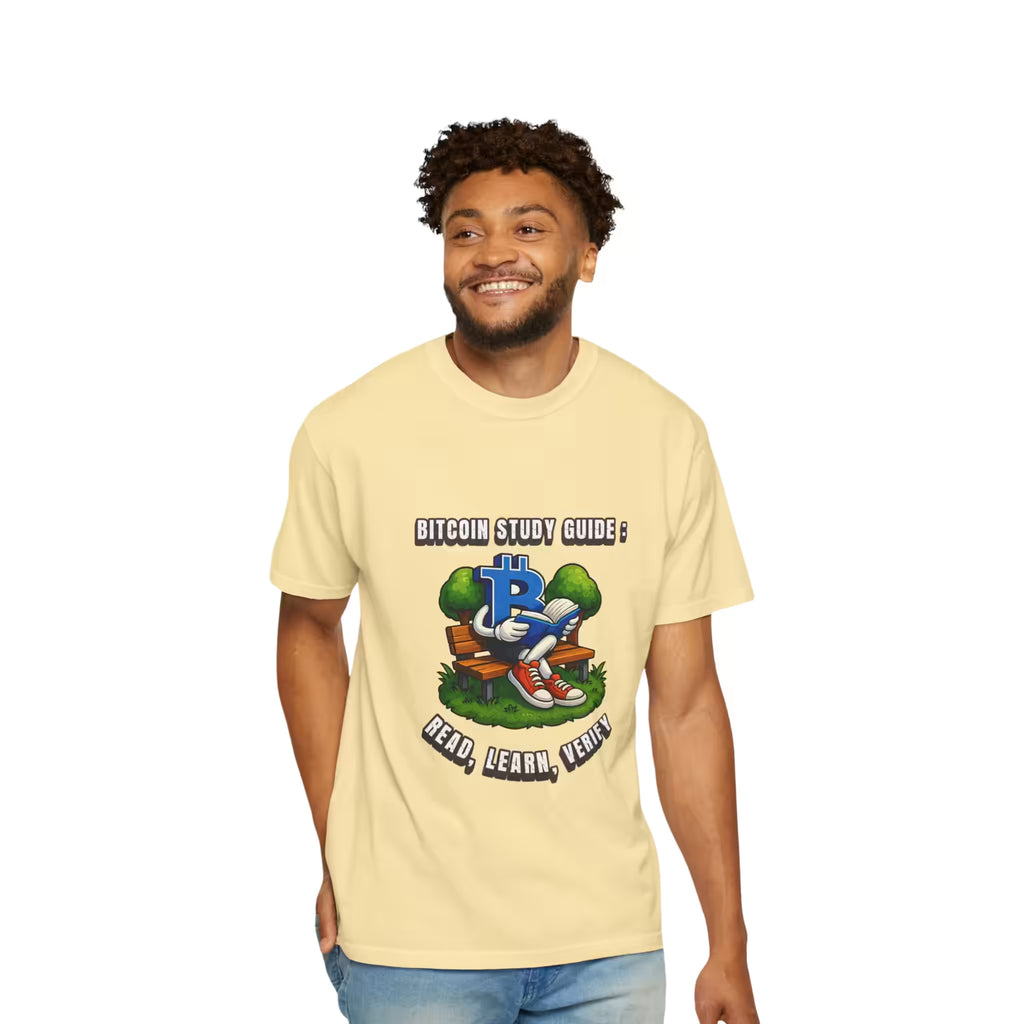Model wearing Bitcoin Study Guide Read Learn Verify T-shirt in Banana Comfort Colors 1717 with Bitcoin graphic.