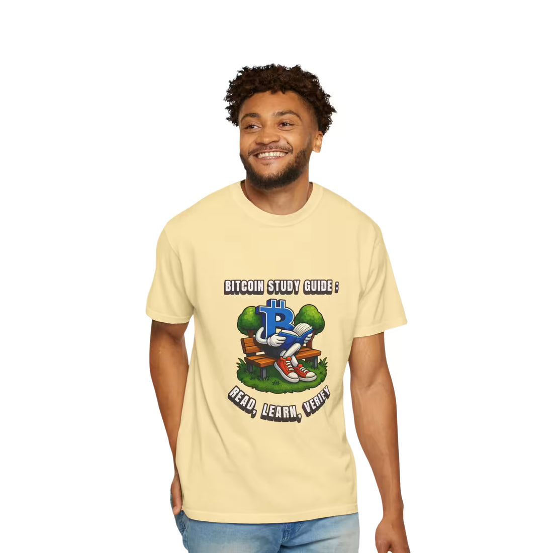 Model wearing Bitcoin Study Guide Read Learn Verify T-shirt in Banana Comfort Colors 1717 with Bitcoin graphic.