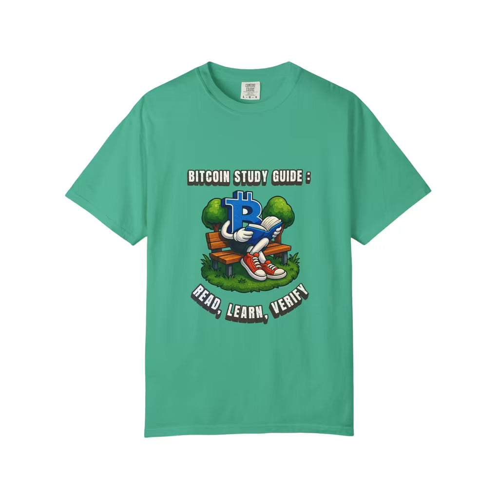 Bitcoin Study Guide Read Learn Verify T-shirt in Island Green by Comfort Colors 1717 with educational Bitcoin art.