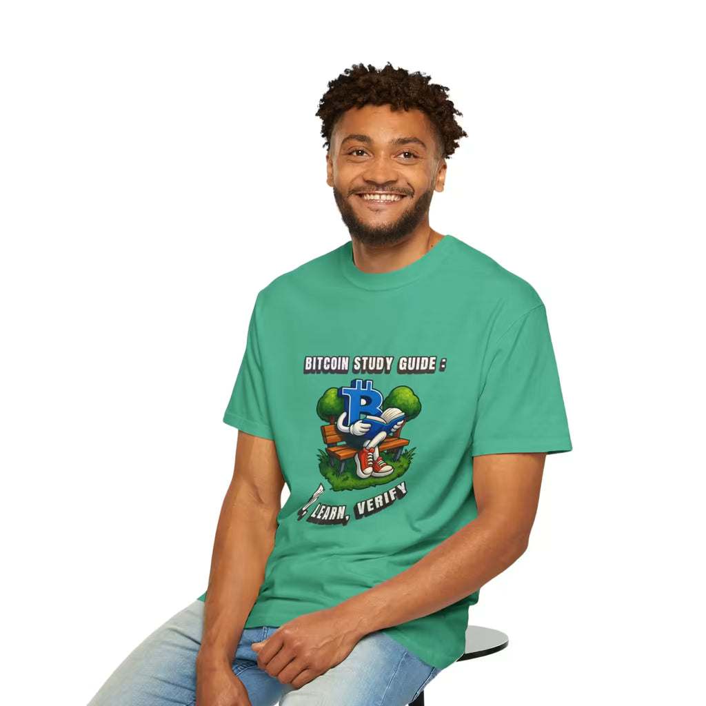 Model wearing Bitcoin Study Guide Read Learn Verify T-shirt in Island Green with colorful Bitcoin study graphic.