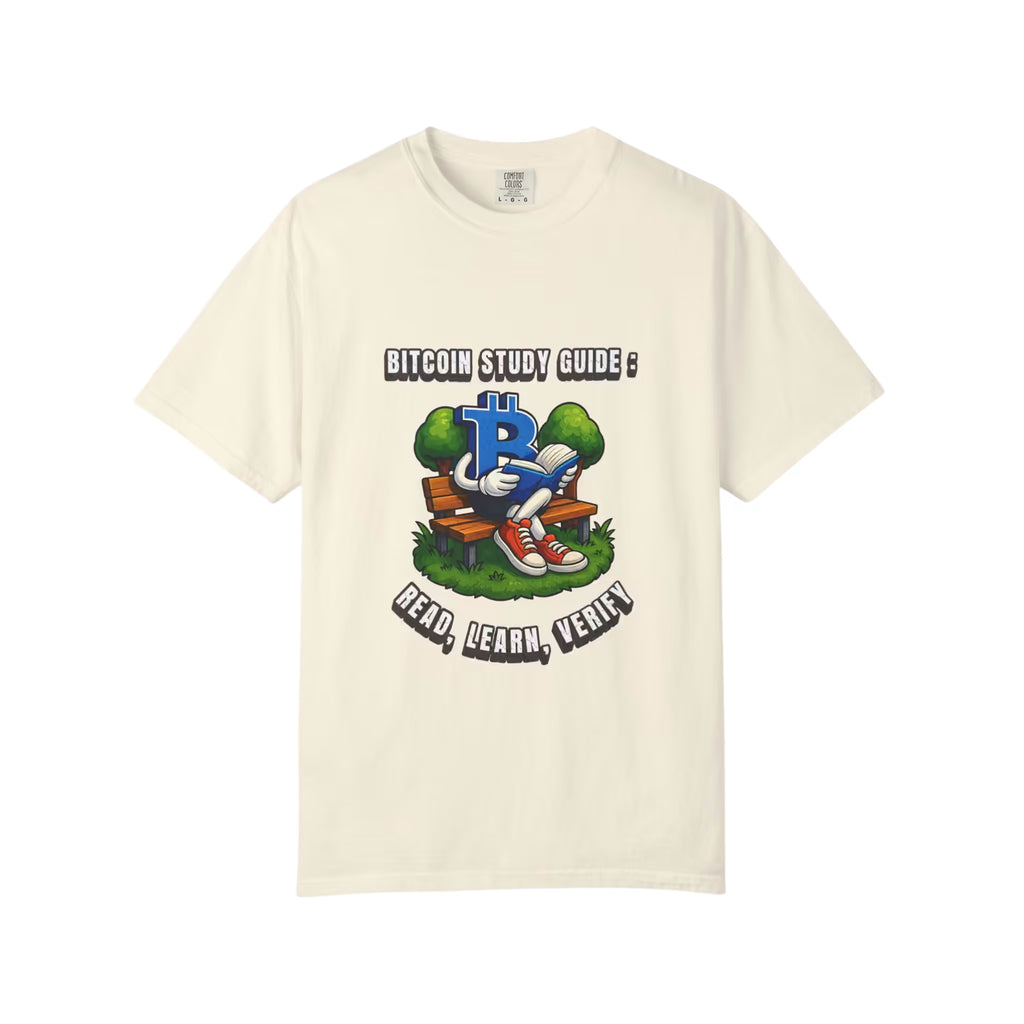 Flat front view of an Ivory T-Shirt featuring a blue Bitcoin character with orange sneakers reading on a park bench, with "READ, LEARN, VERIFY" lettering.