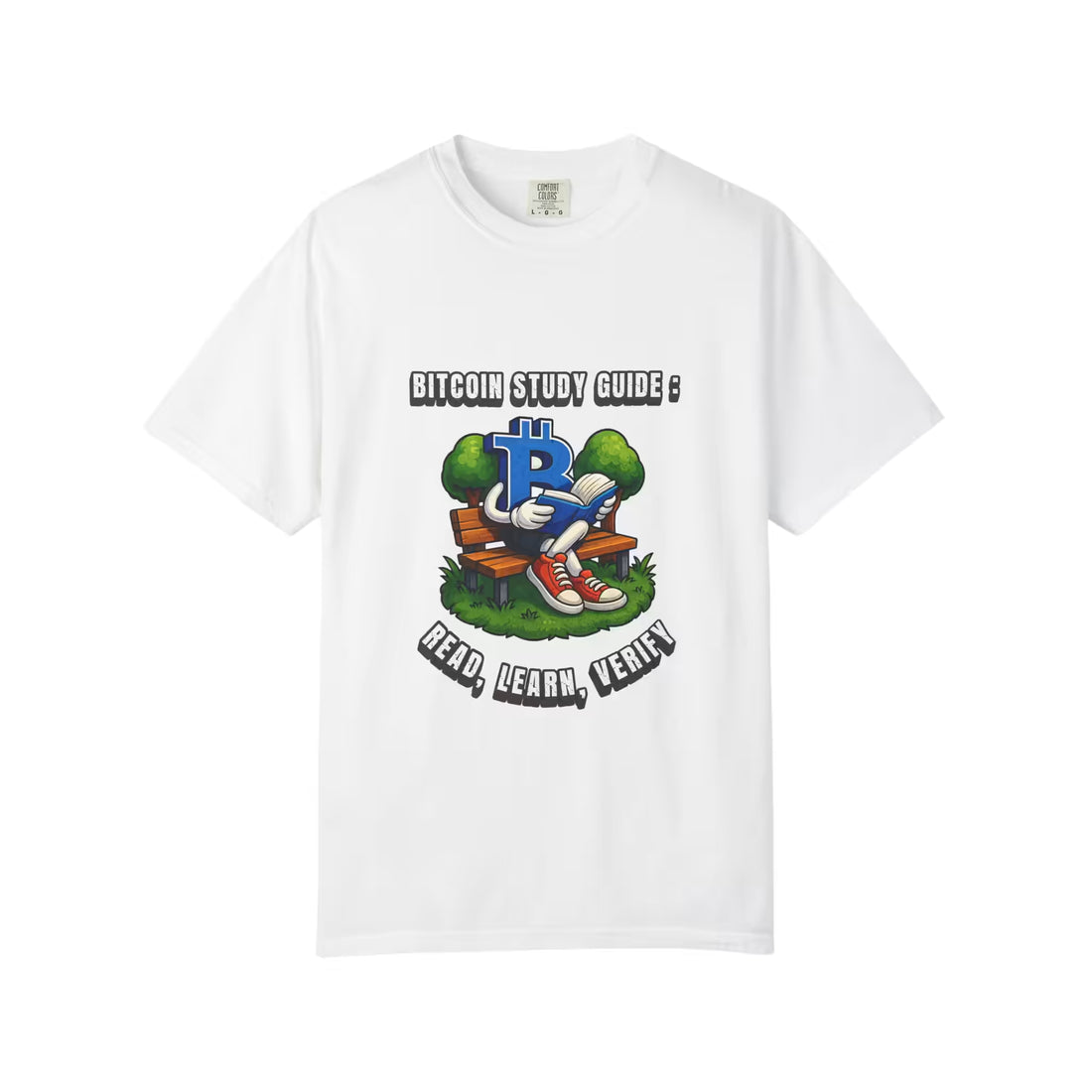 Bitcoin Study Guide Read Learn Verify T-shirt in White by Comfort Colors 1717 featuring educational Bitcoin design.