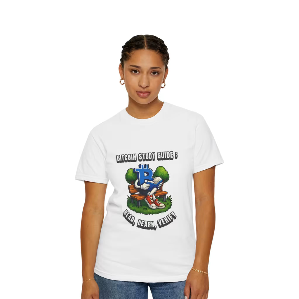 Model wearing Bitcoin Study Guide Read Learn Verify T-shirt in White Comfort Colors 1717 with Bitcoin graphic.