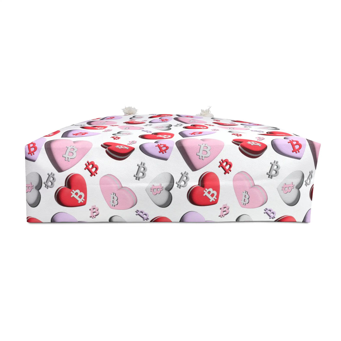 Bottom view of the 24 x 13 inch Bitcoin SweetHearts Weekender Bag showing the structured flat base and continuous heart-themed Bitcoin design.