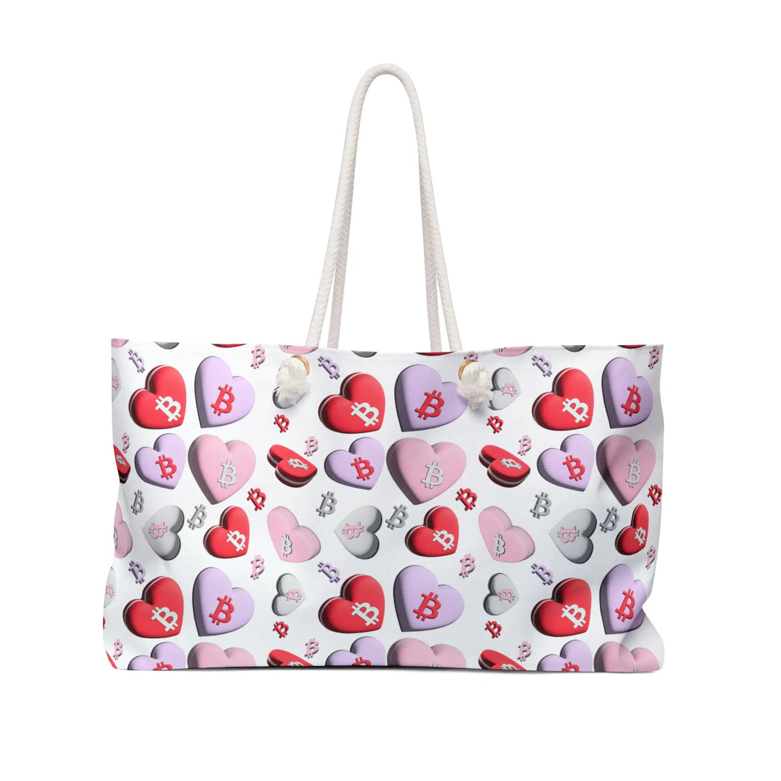 Front view of the 24 x 13 inch Bitcoin SweetHearts Weekender Bag featuring a romantic heart-themed Bitcoin design and cream-colored rope handles.