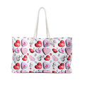 Front view of the 24 x 13 inch Bitcoin SweetHearts Weekender Bag featuring a romantic heart-themed Bitcoin design and cream-colored rope handles.