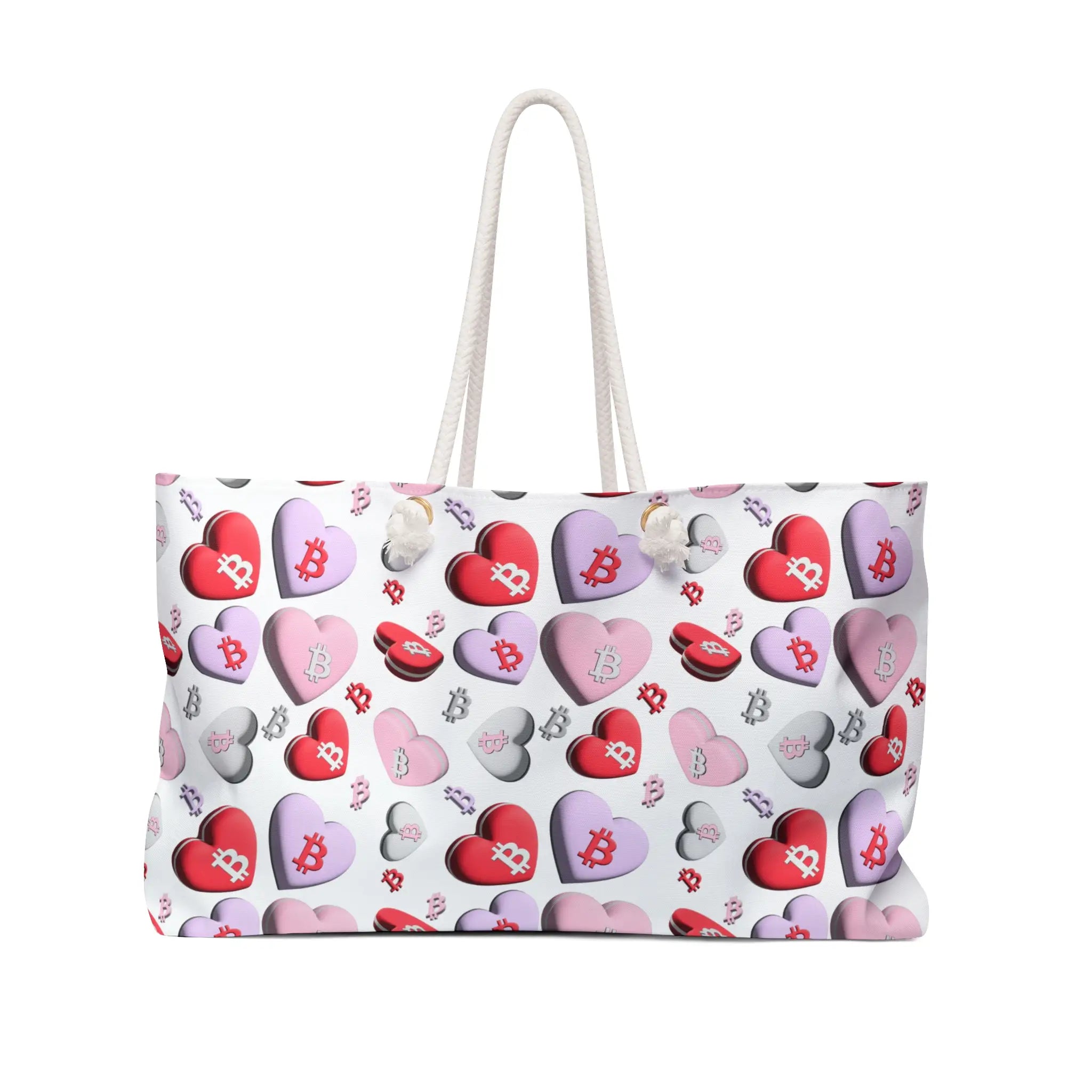 Front view of the 24 x 13 inch Bitcoin SweetHearts Weekender Bag featuring a romantic heart-themed Bitcoin design and cream-colored rope handles.