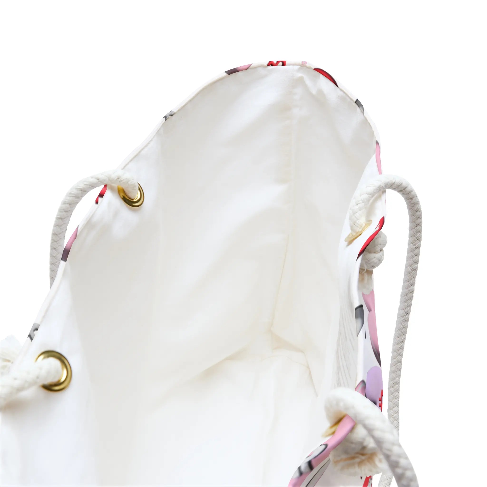 Interior of the 24 x 13 inch Bitcoin SweetHearts bag revealing a spacious cream lining, internal pockets, and durable gold-toned grommets.