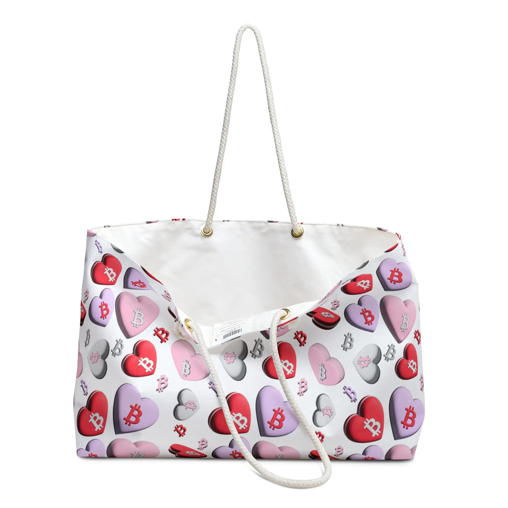 Open Bitcoin SweetHearts travel bag showing its large 24 x 13 inch capacity, highlighting the sweet heart-shaped Bitcoin pattern.