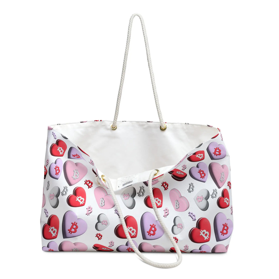 Open Bitcoin SweetHearts travel bag showing its large 24 x 13 inch capacity, highlighting the sweet heart-shaped Bitcoin pattern.