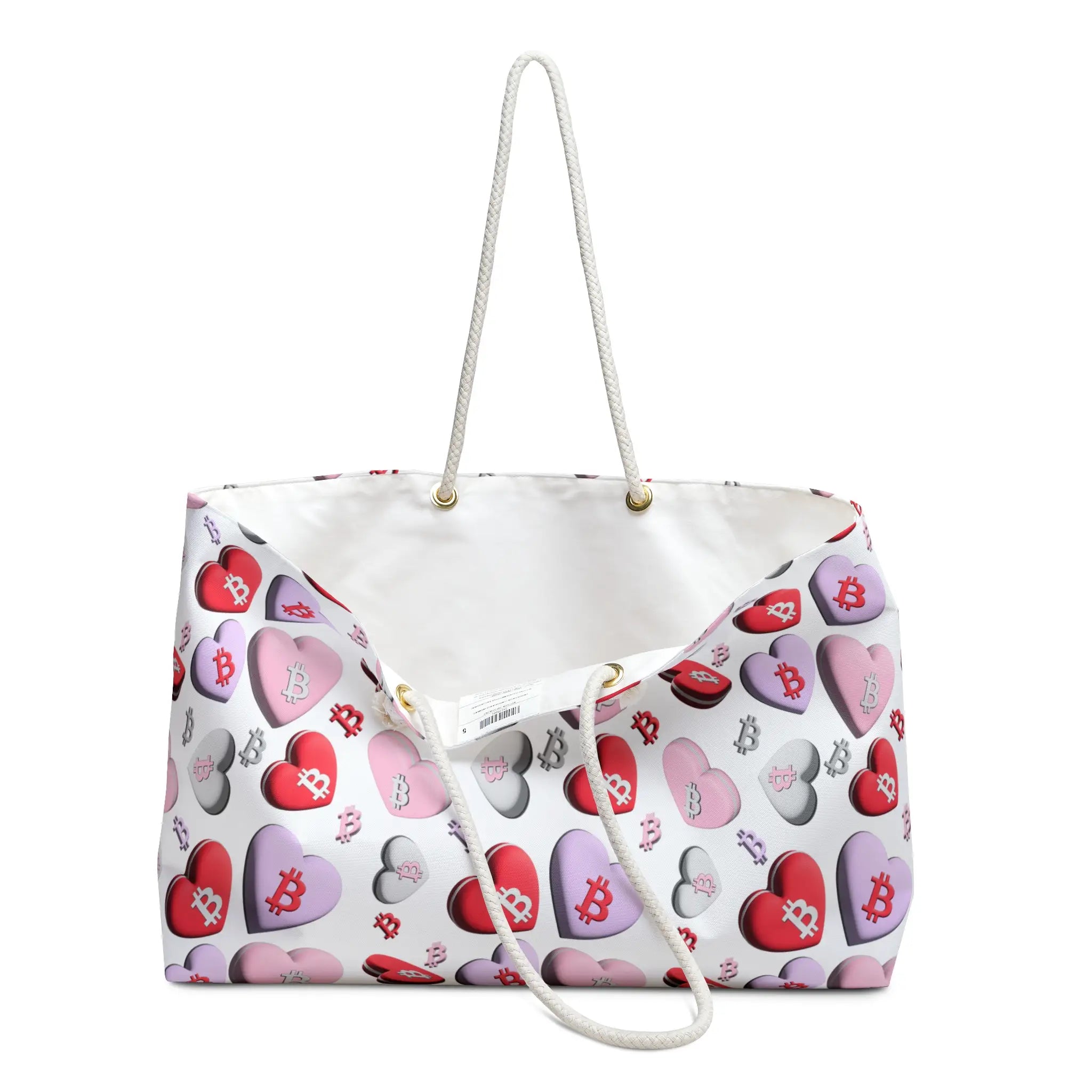 Open Bitcoin SweetHearts travel bag showing its large 24 x 13 inch capacity, highlighting the sweet heart-shaped Bitcoin pattern.