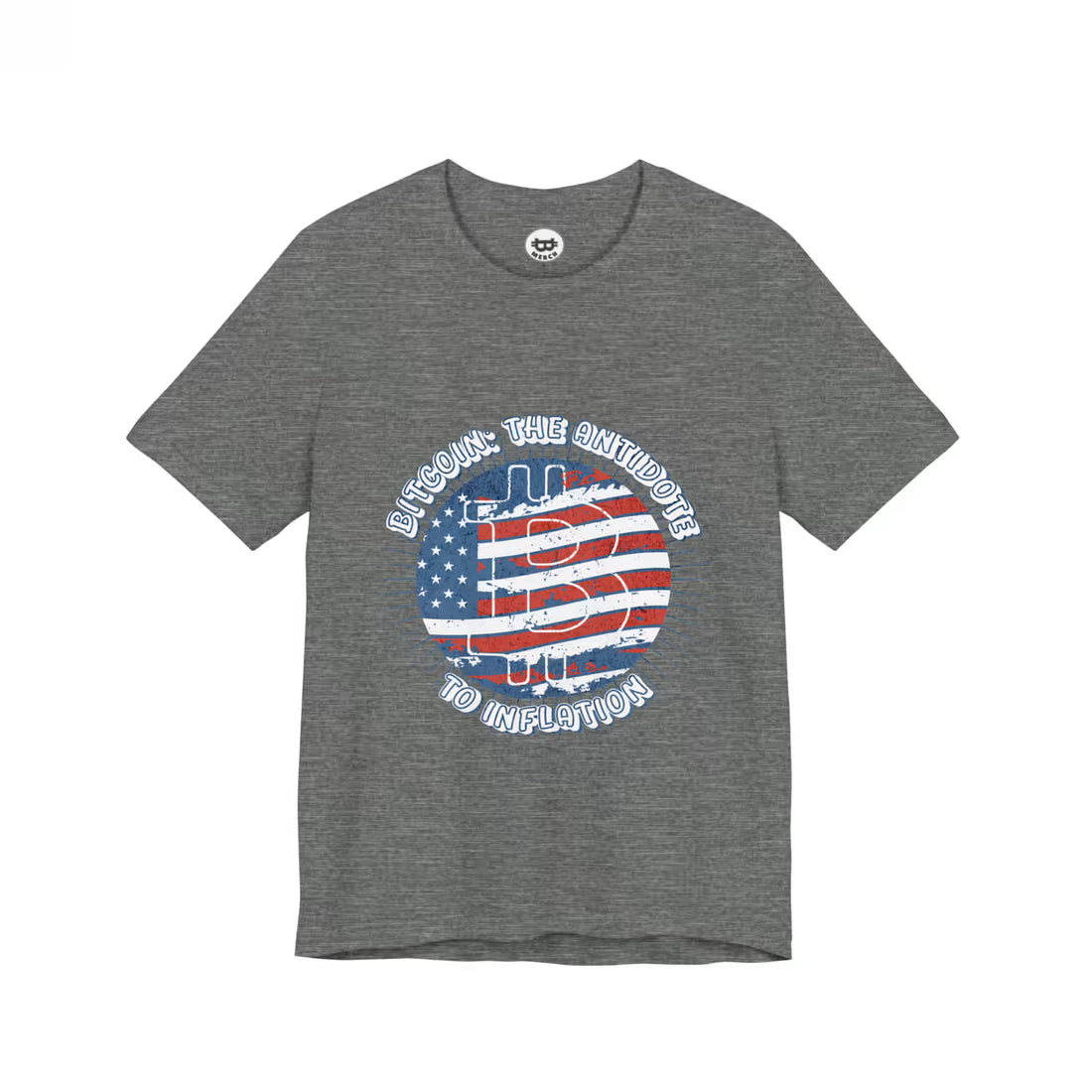 Flat front view of the deep heather Bitcoin The Antidote to Inflation t-shirt. Durable Bella Canvas 3001 quality.