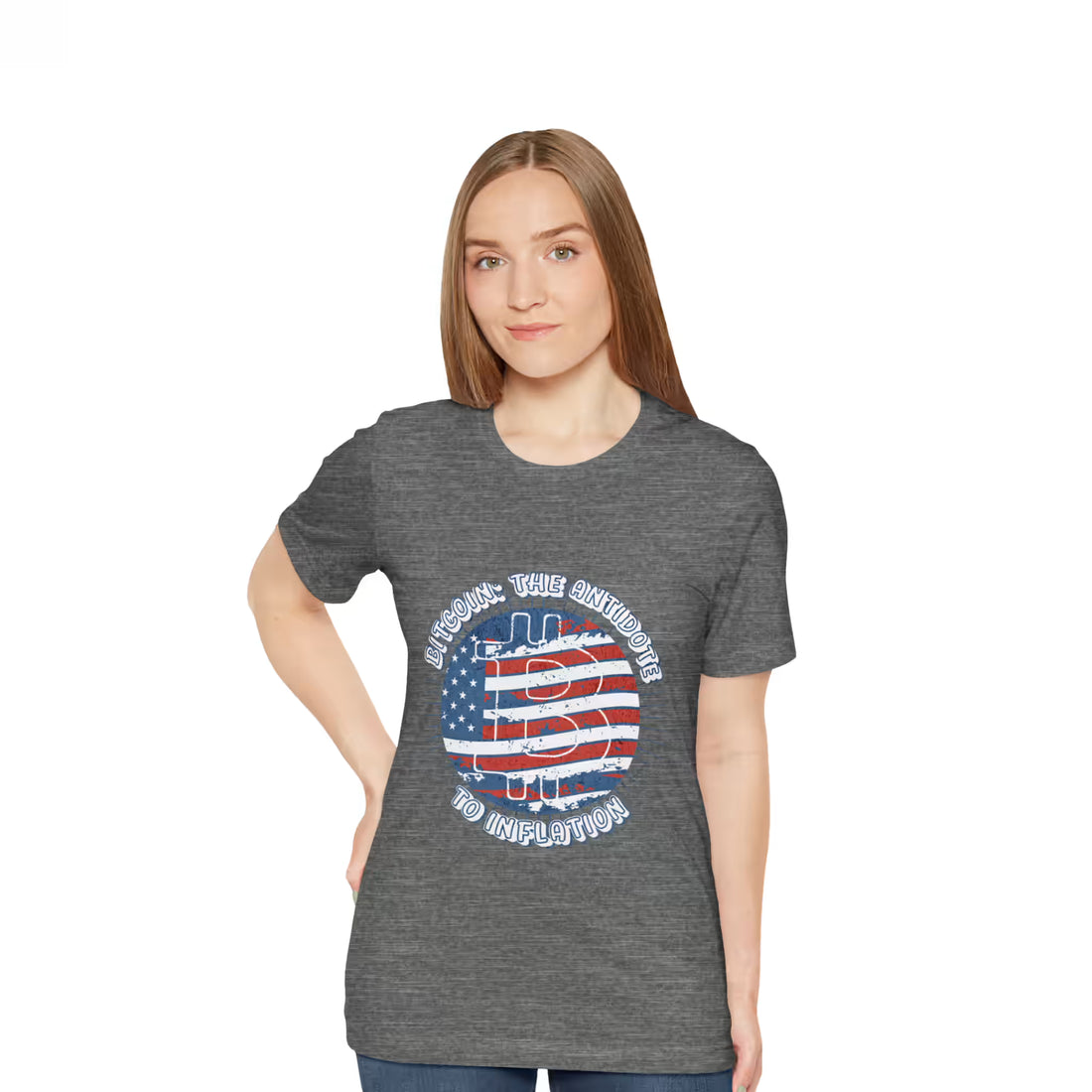 Front view of a model in the deep heather Bitcoin The Antidote to Inflation t-shirt. Essential sound money gear.