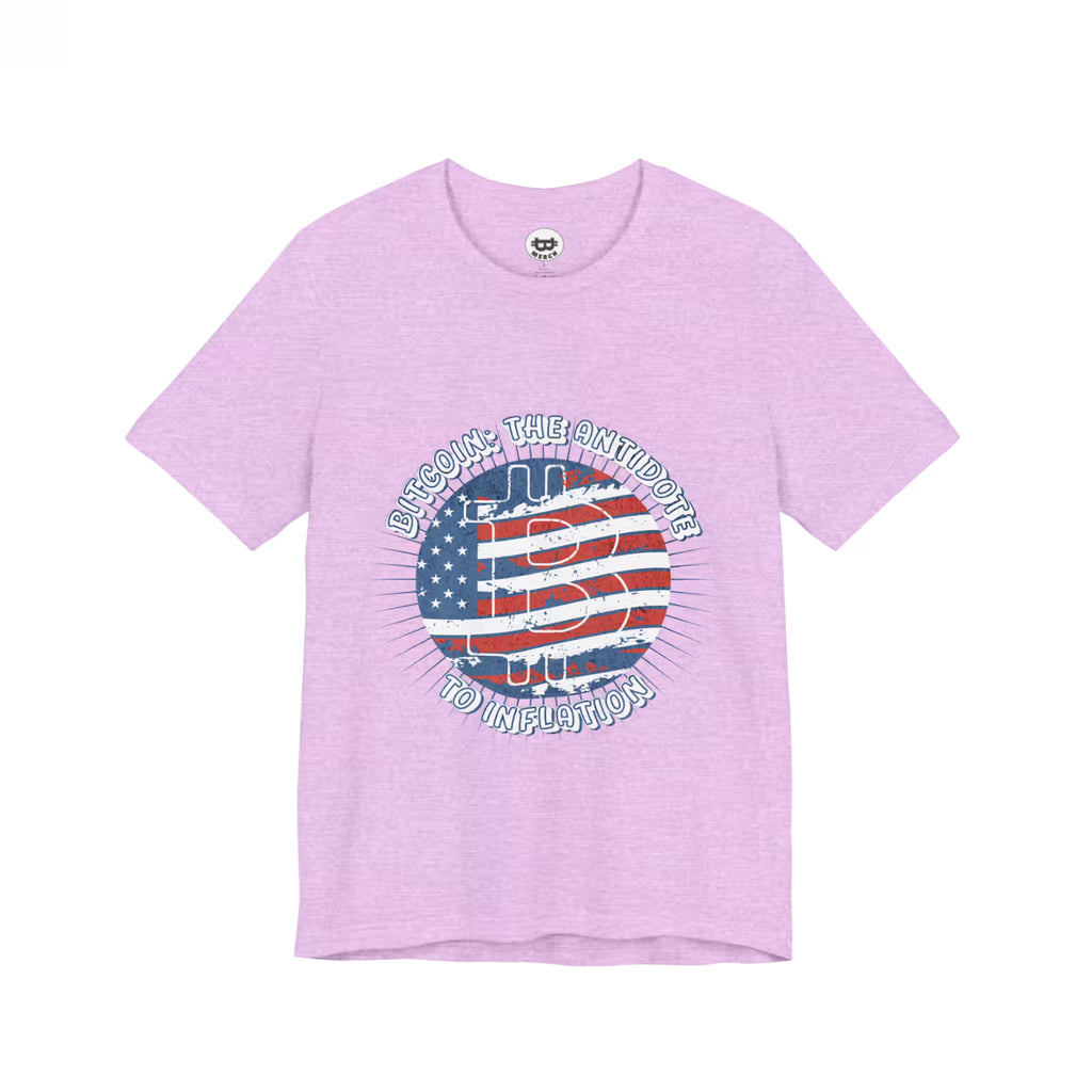 Flat lay of the heather prism lilac Bitcoin The Antidote to Inflation t-shirt, a Bella Canvas 3001 staple for HODLers.