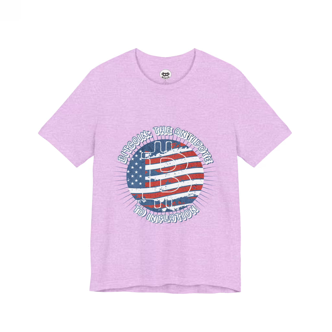Flat lay of the heather prism lilac Bitcoin The Antidote to Inflation t-shirt, a Bella Canvas 3001 staple for HODLers.