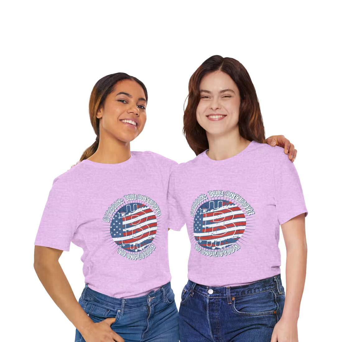 Front view of two models in heather prism lilac Bitcoin The Antidote to Inflation t-shirts. Opting out of fiat together.