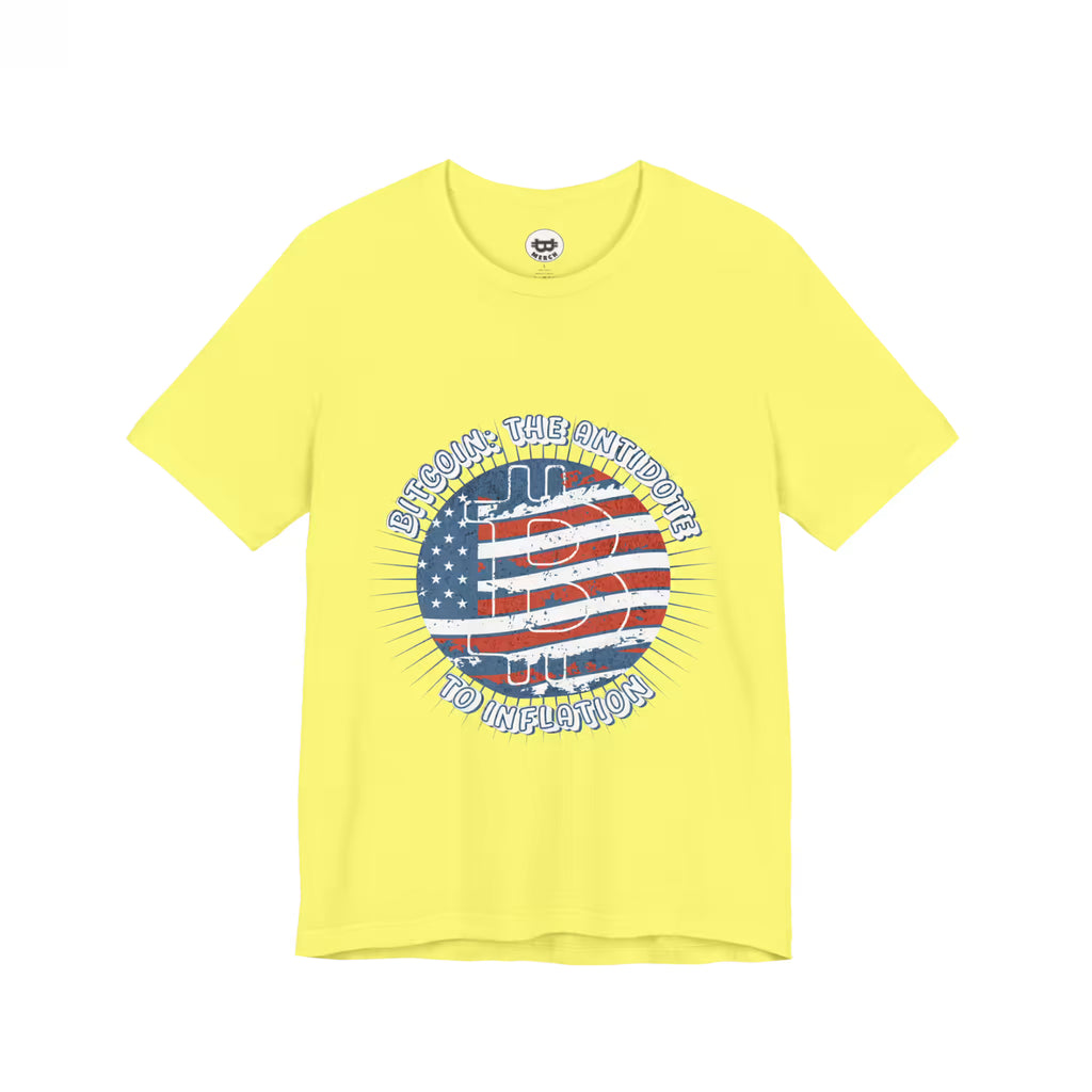 Flat lay of the yellow Bitcoin The Antidote to Inflation t-shirt, highlighting the Bella Canvas 3001 build.