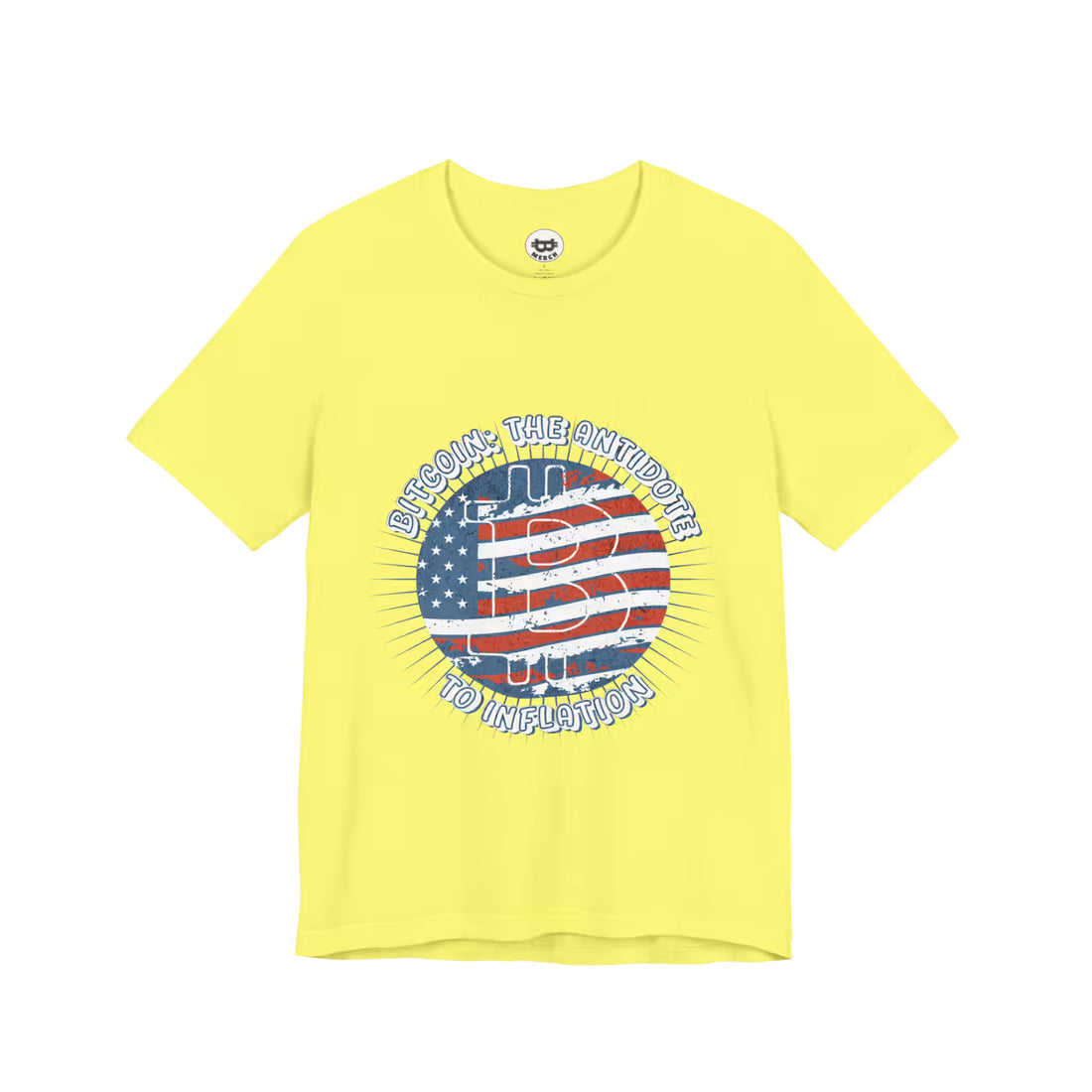 Flat lay of the yellow Bitcoin The Antidote to Inflation t-shirt, highlighting the Bella Canvas 3001 build.