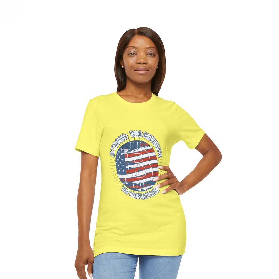 Front view of a model wearing the yellow Bitcoin The Antidote to Inflation t-shirt. Protect your purchasing power.