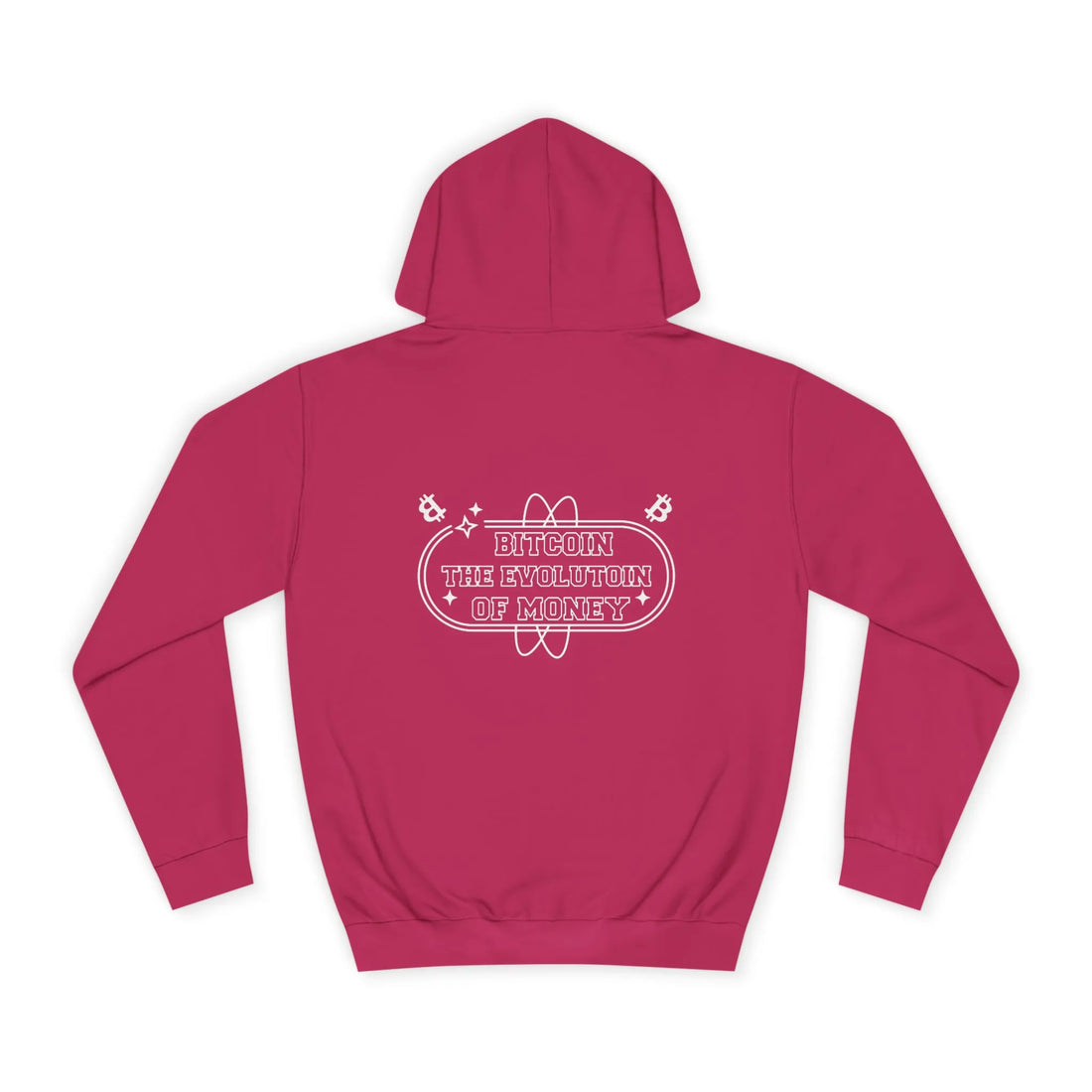 Bitcoin The Evolution Of Money Unisex Hoodie - Hot Pink - AWDis JH001 Flat Rear Print - Classic Bitcoin Merch