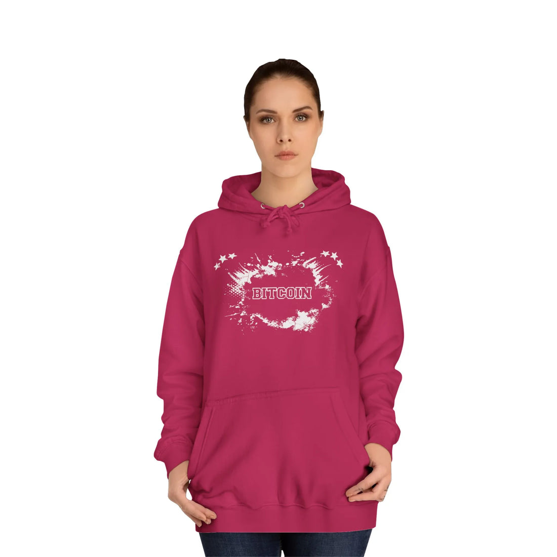 Bitcoin The Evolution Of Money Unisex Hoodie - Hot Pink - AWDis JH001 Model Front View - Classic Bitcoin Merch