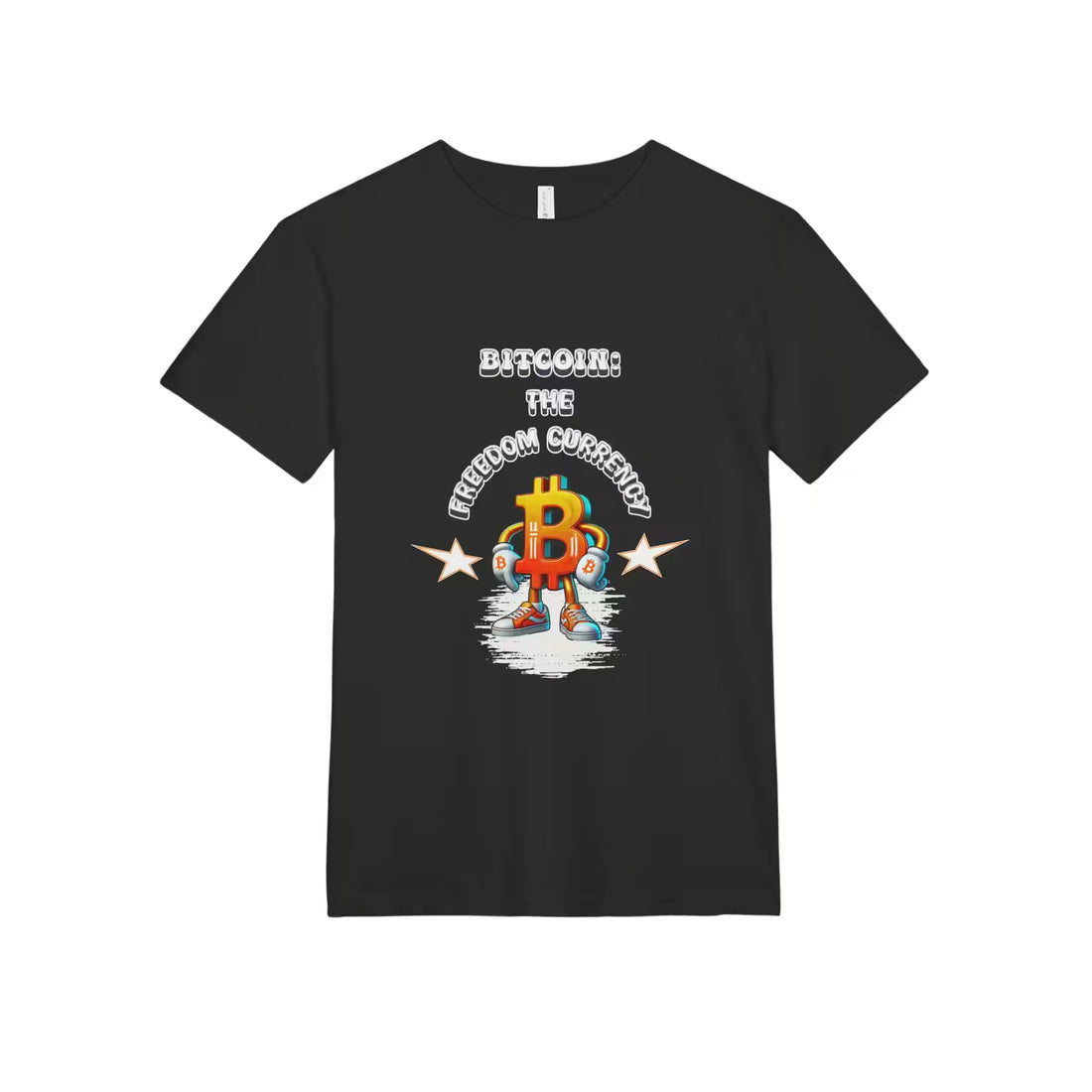 Flat lay of the black Bitcoin The Freedom Currency t-shirt, showing the premium Next Level 6410 fabric.
