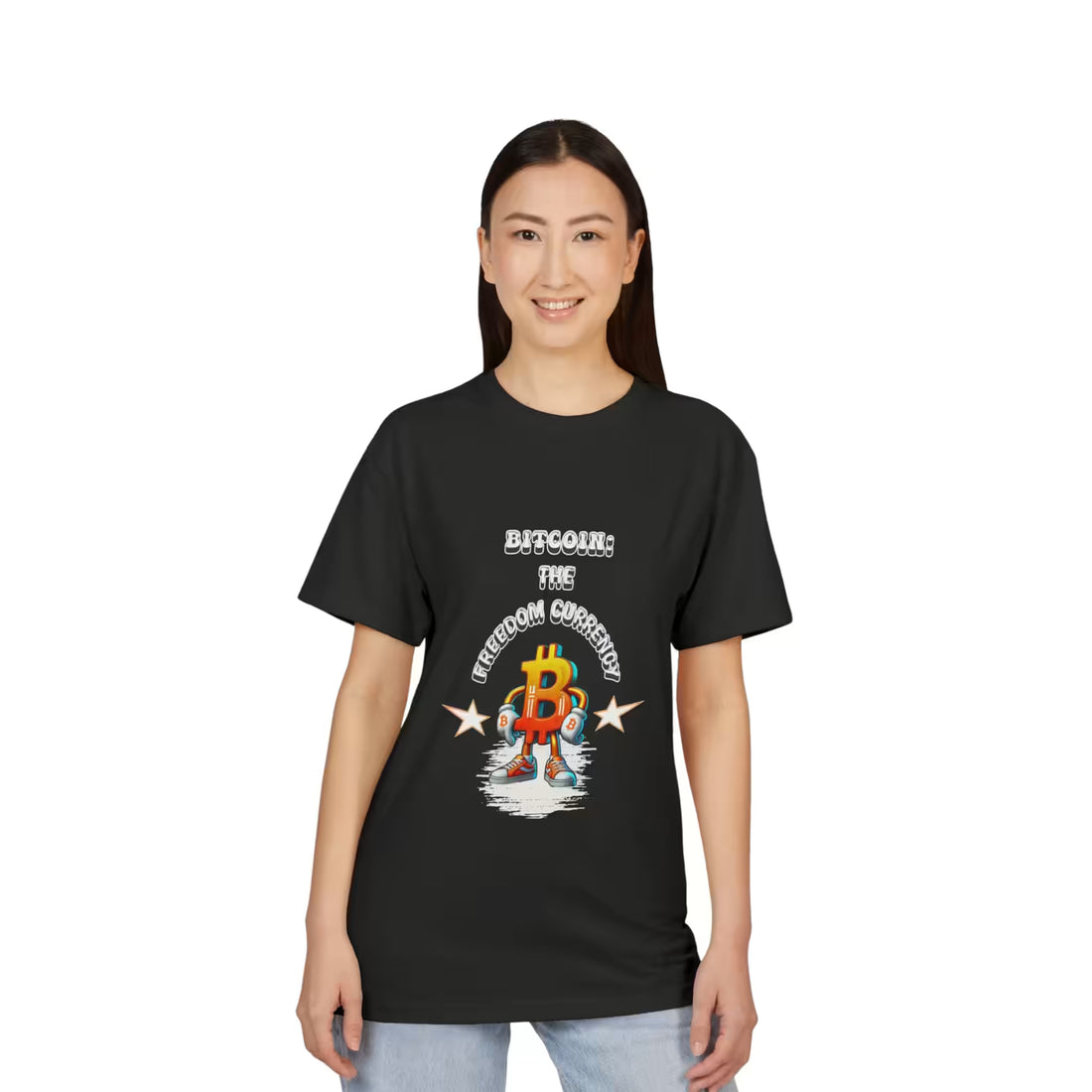 Front view of a model in the black Bitcoin The Freedom Currency t-shirt, embracing true financial independence.