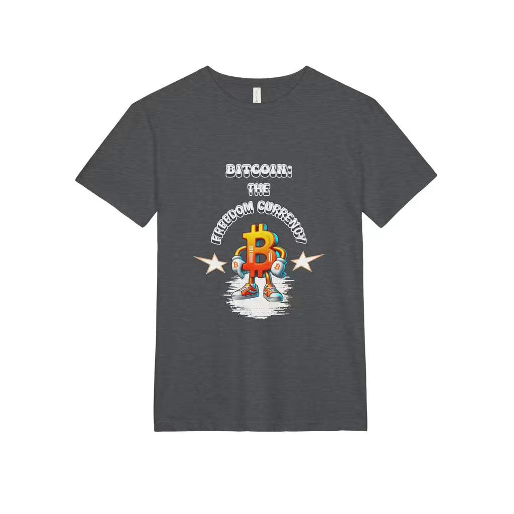 Flat lay of the charcoal heather Bitcoin The Freedom Currency t-shirt, highlighting the Next Level 6410 build.