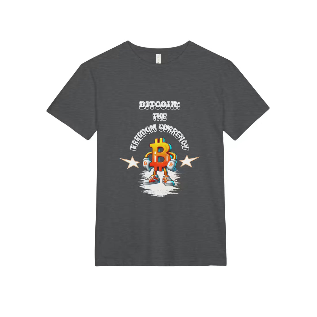 Flat lay of the charcoal heather Bitcoin The Freedom Currency t-shirt, highlighting the Next Level 6410 build.