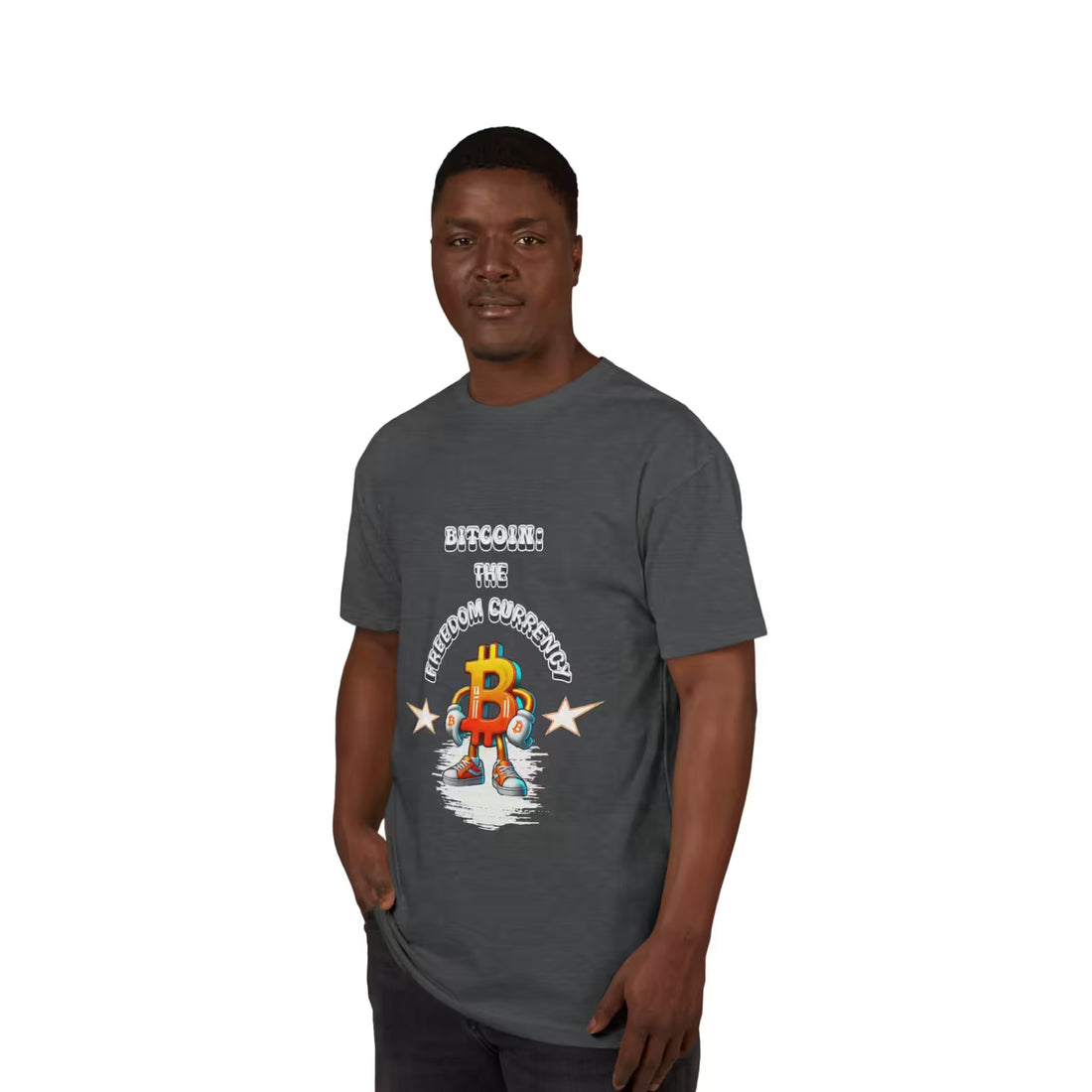 Front view of a model wearing the charcoal heather Bitcoin The Freedom Currency t-shirt. Pure decentralized money.