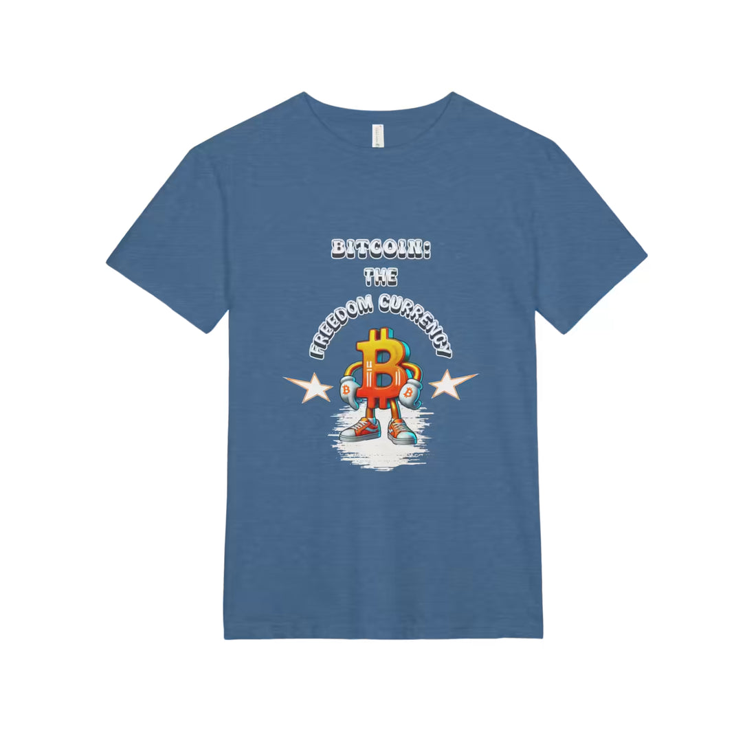 Flat front view of the heather cool blue Bitcoin The Freedom Currency t-shirt. A Next Level 6410 staple for HODLers.