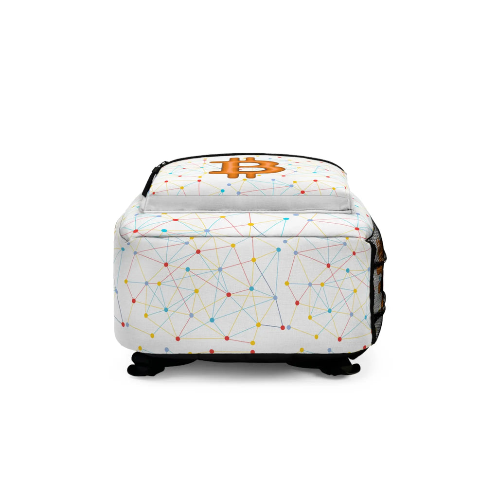 Top view of The Internet of Money backpack showing sturdy straps, built for the everyday Bitcoin advocate. Assembled in USA.