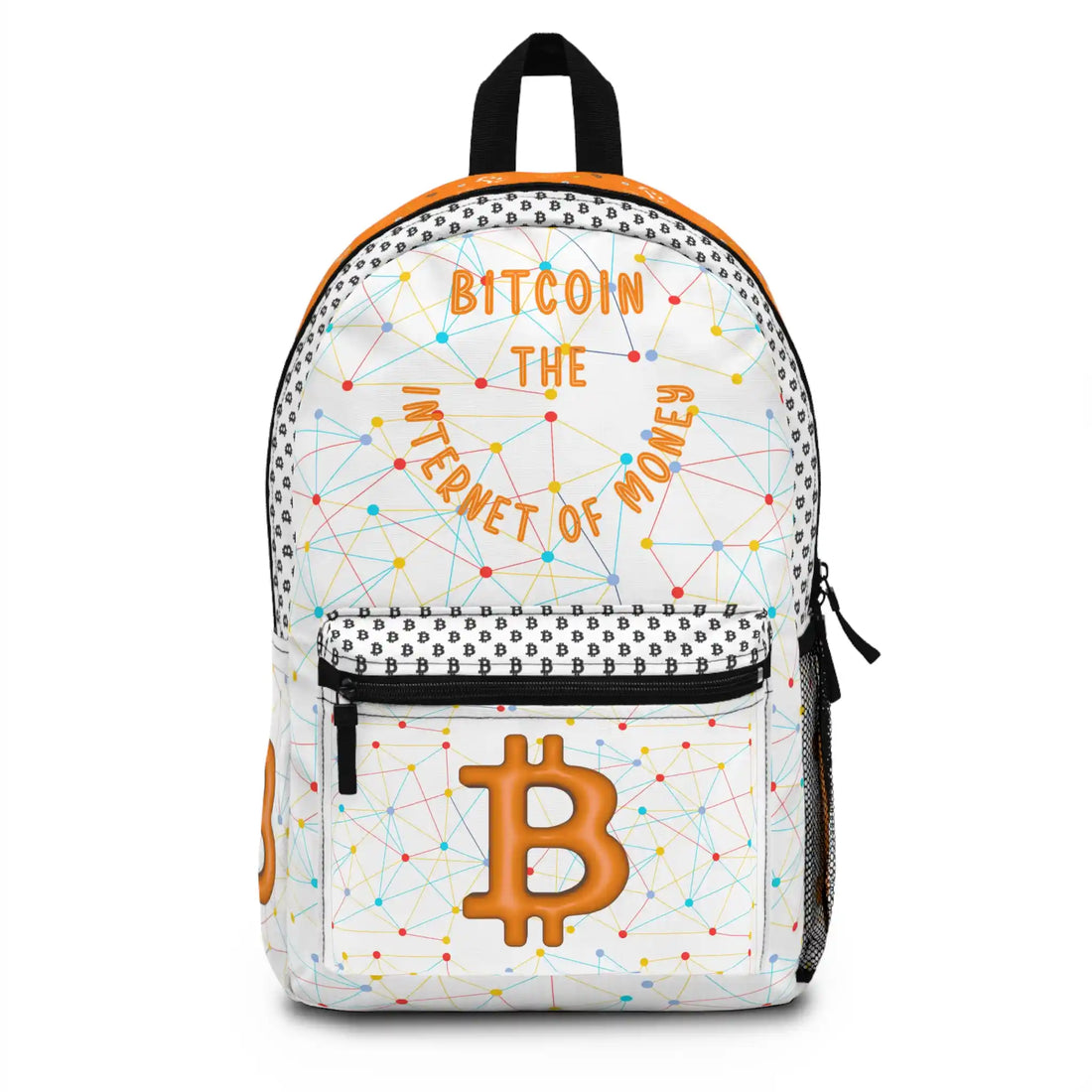 Front view of the Bitcoin The Internet of Money backpack, displaying the core educational message. Assembled in USA. Bitcoin Merch.