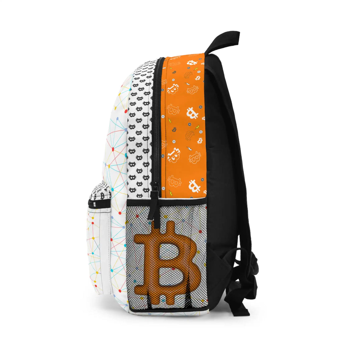 Left side view of The Internet of Money backpack, highlighting the clean profile of this statement gear. Assembled in USA.