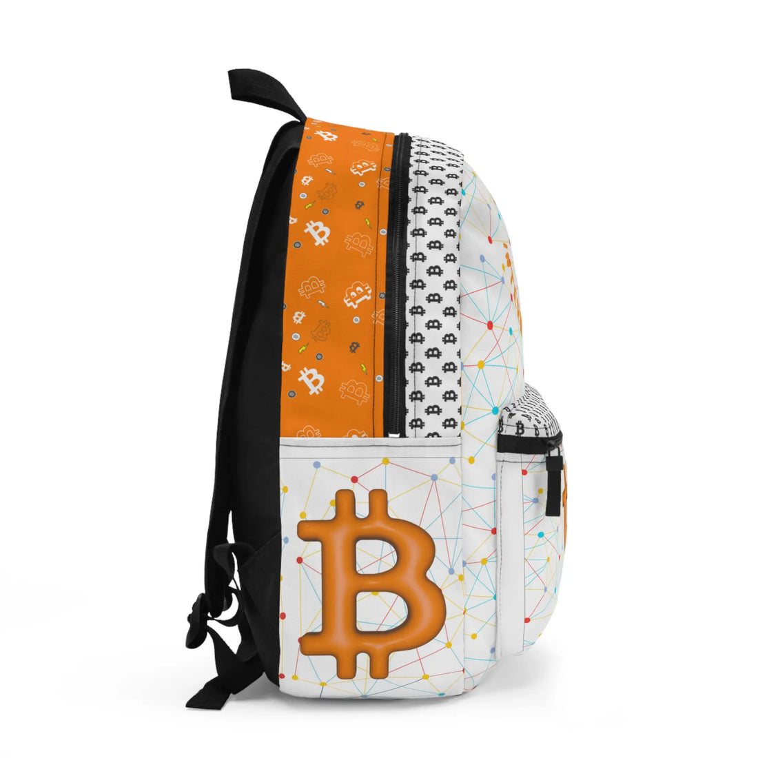 Right profile of The Internet of Money backpack with a mesh pocket, designed for the educator on the go. Assembled in USA.