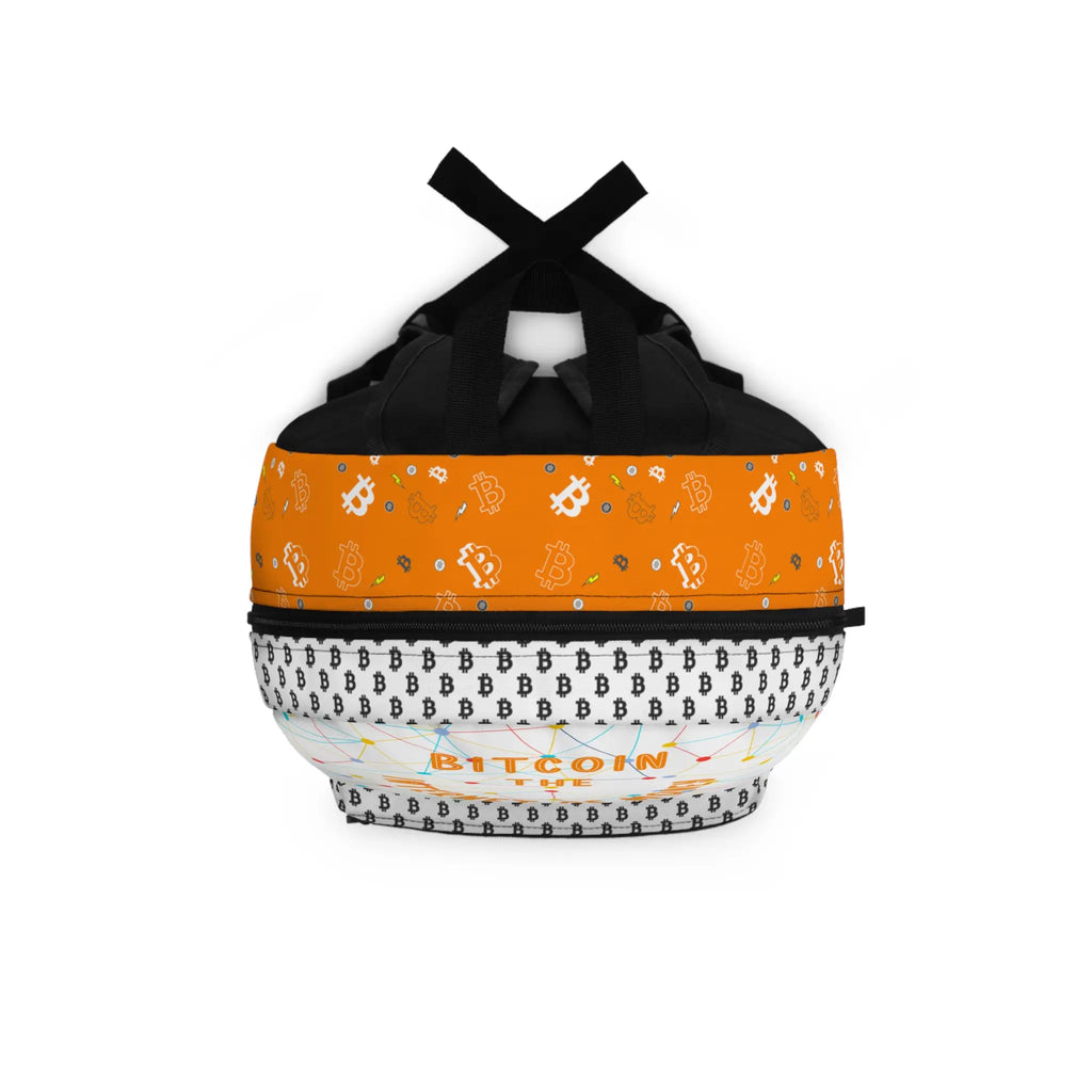 Top view of The Internet of Money backpack showing sturdy straps, built for the everyday Bitcoin advocate. Assembled in USA.