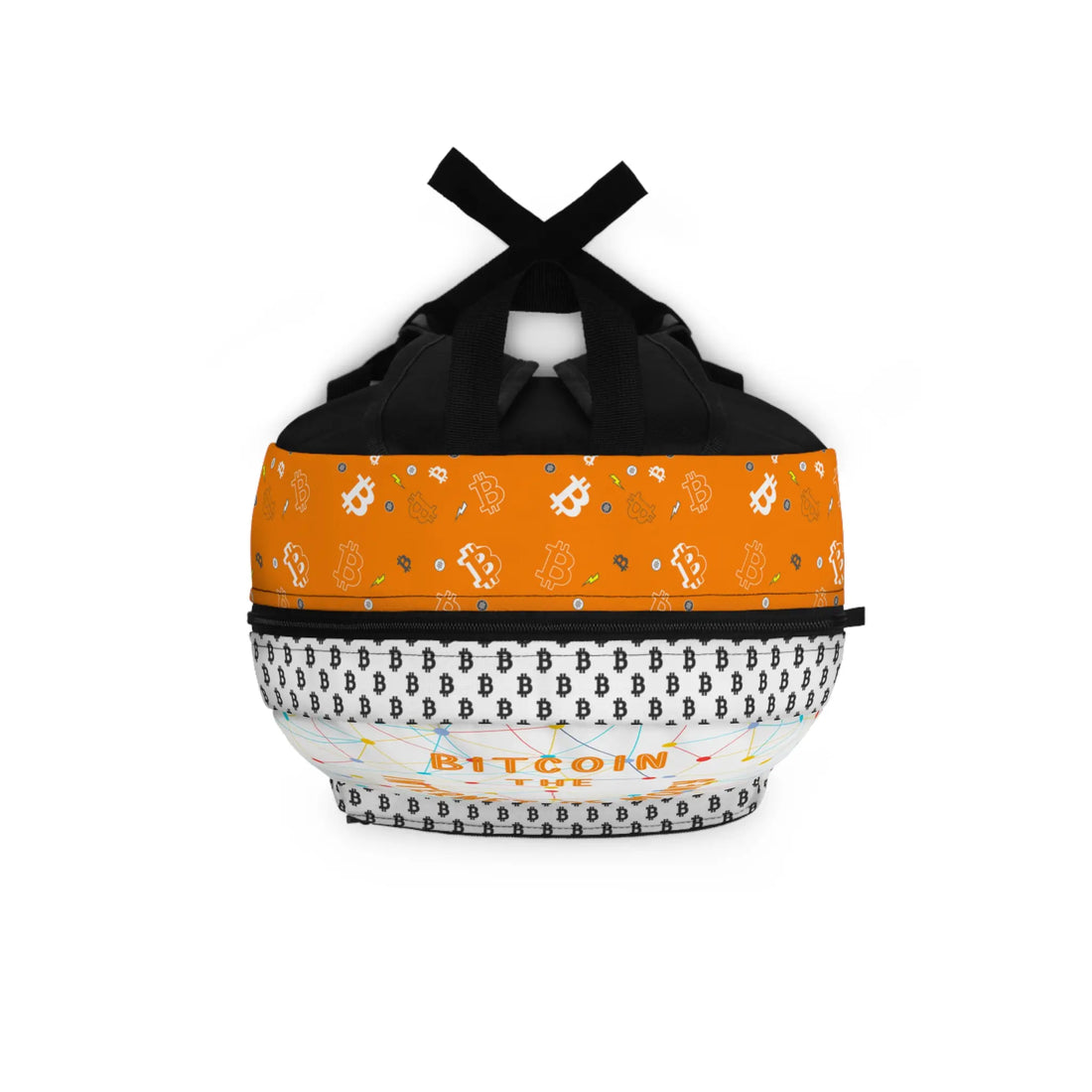 Top view of The Internet of Money backpack showing sturdy straps, built for the everyday Bitcoin advocate. Assembled in USA.