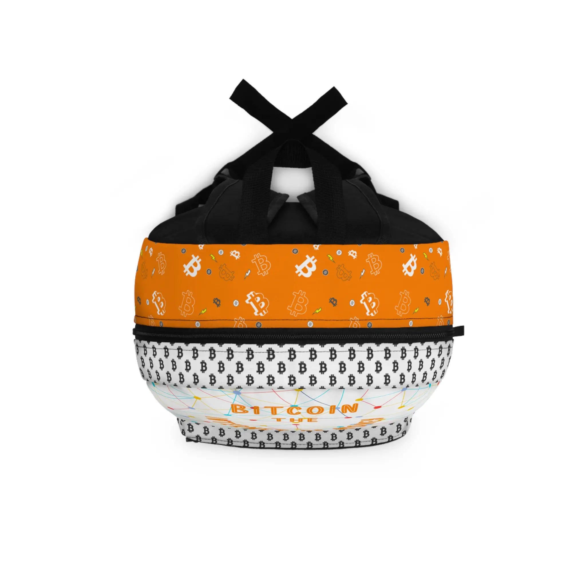 Top view of The Internet of Money backpack showing sturdy straps, built for the everyday Bitcoin advocate. Assembled in USA.