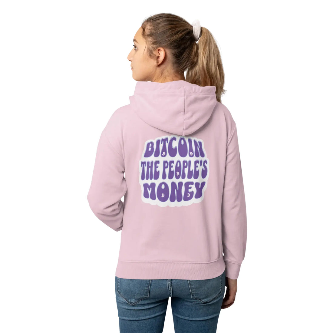 Bitcoin The Peoples Money Unisex Hoodie - Baby Pink - AWDis JH001 Model Back View - Sovereign Bitcoin Apparel