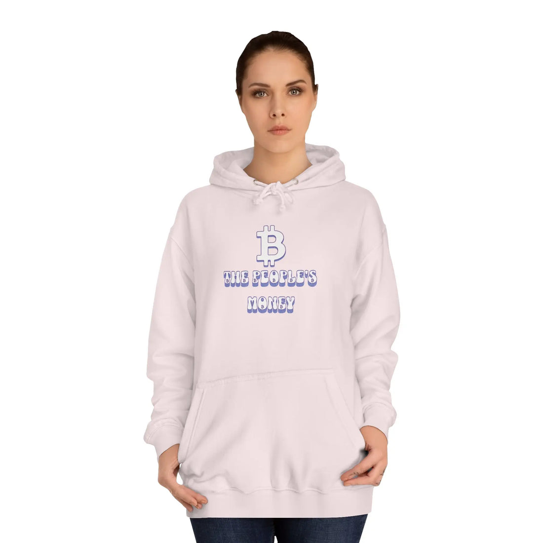 Bitcoin The Peoples Money Unisex Hoodie - Baby Pink - AWDis JH001 Model Front View - Sovereign Bitcoin Apparel