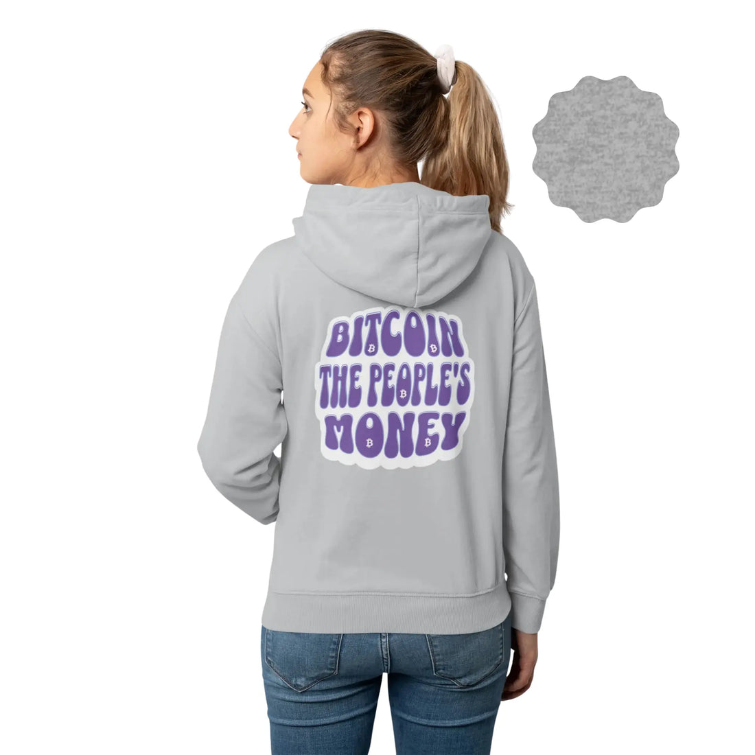 Bitcoin The People's Money Unisex Hoodie - Heather Grey - AWDis JH001 Model Back View - Sovereign Bitcoin Apparel