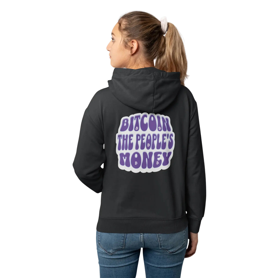 Bitcoin The Peoples Money Unisex Hoodie - Jet Black - AWDis JH001 Model Back View - Classic Bitcoin Merch