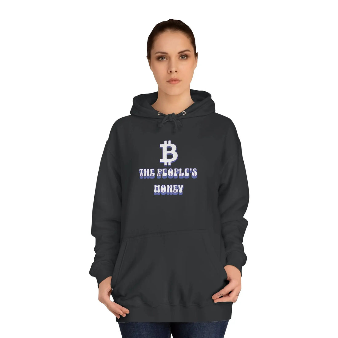 Bitcoin The Peoples Money Unisex Hoodie - Jet Black - AWDis JH001 Model Front View - Classic Bitcoin Merch