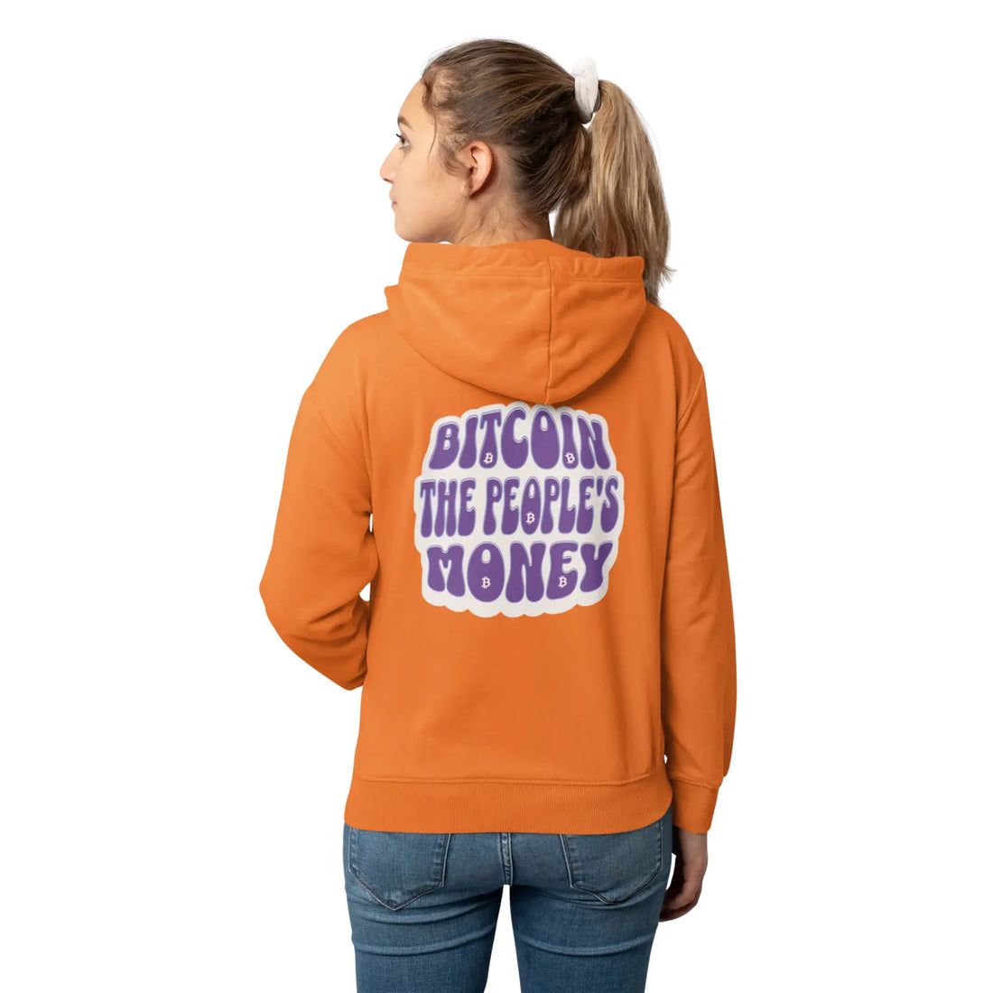 Bitcoin The Peoples Money Unisex Hoodie - Orange Crush - AWDis JH001 Model Back View - Classic Bitcoin Merch