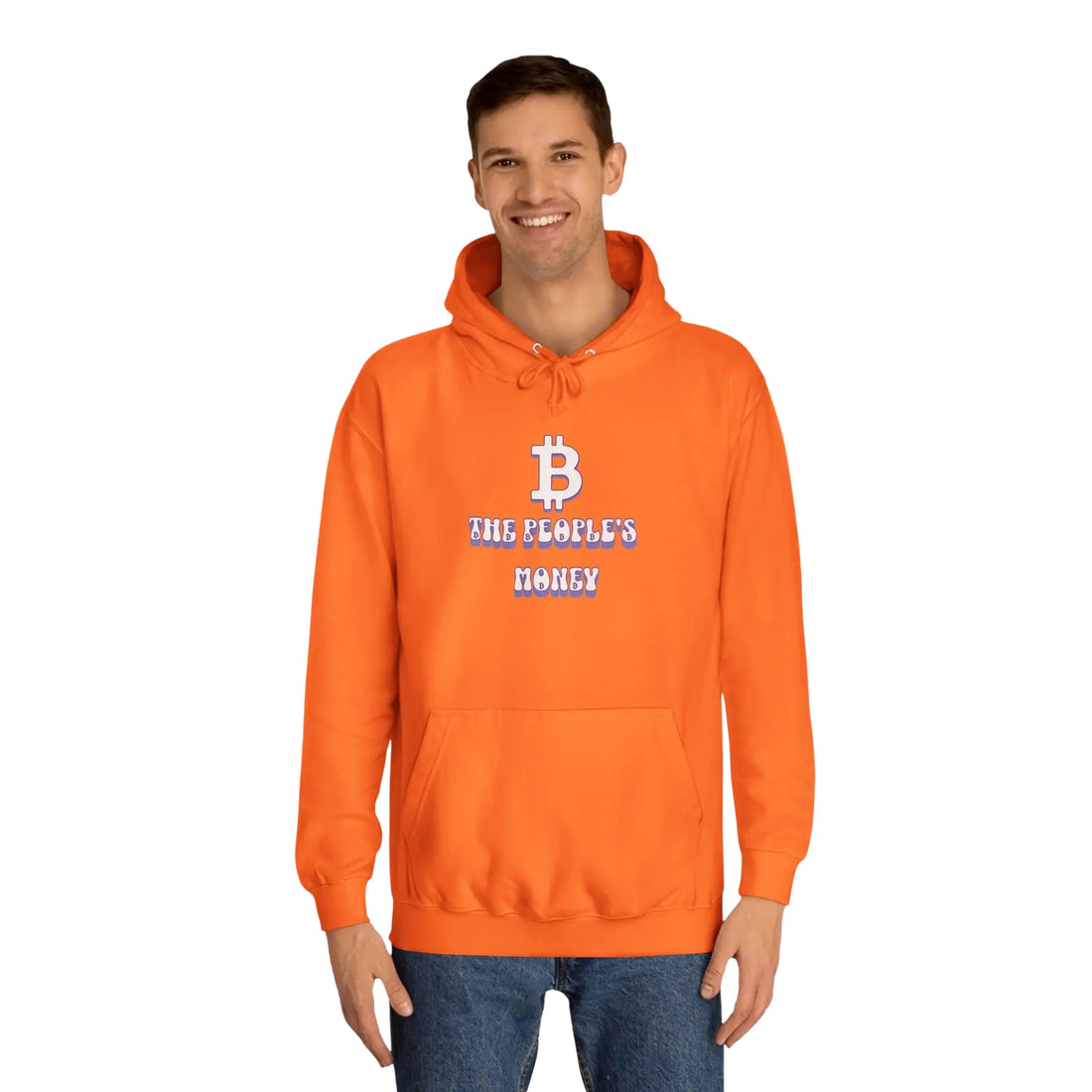 Bitcoin The Peoples Money Unisex Hoodie - Orange Crush - AWDis JH001 Model Front View - Classic Bitcoin Merch