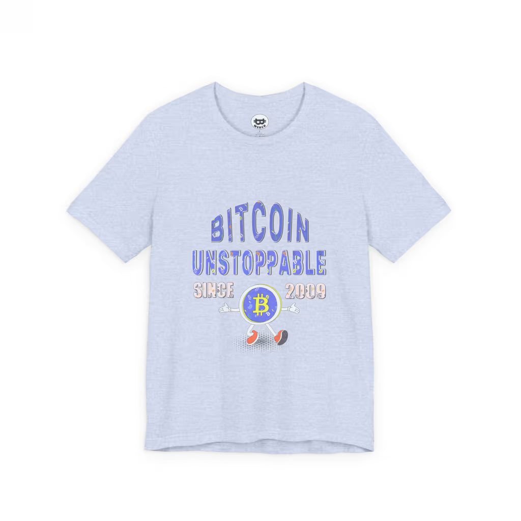 Flat front view of the heather prism blue Bitcoin Unstoppable Since 2009 t-shirt. Durable Bella Canvas 3001 quality.