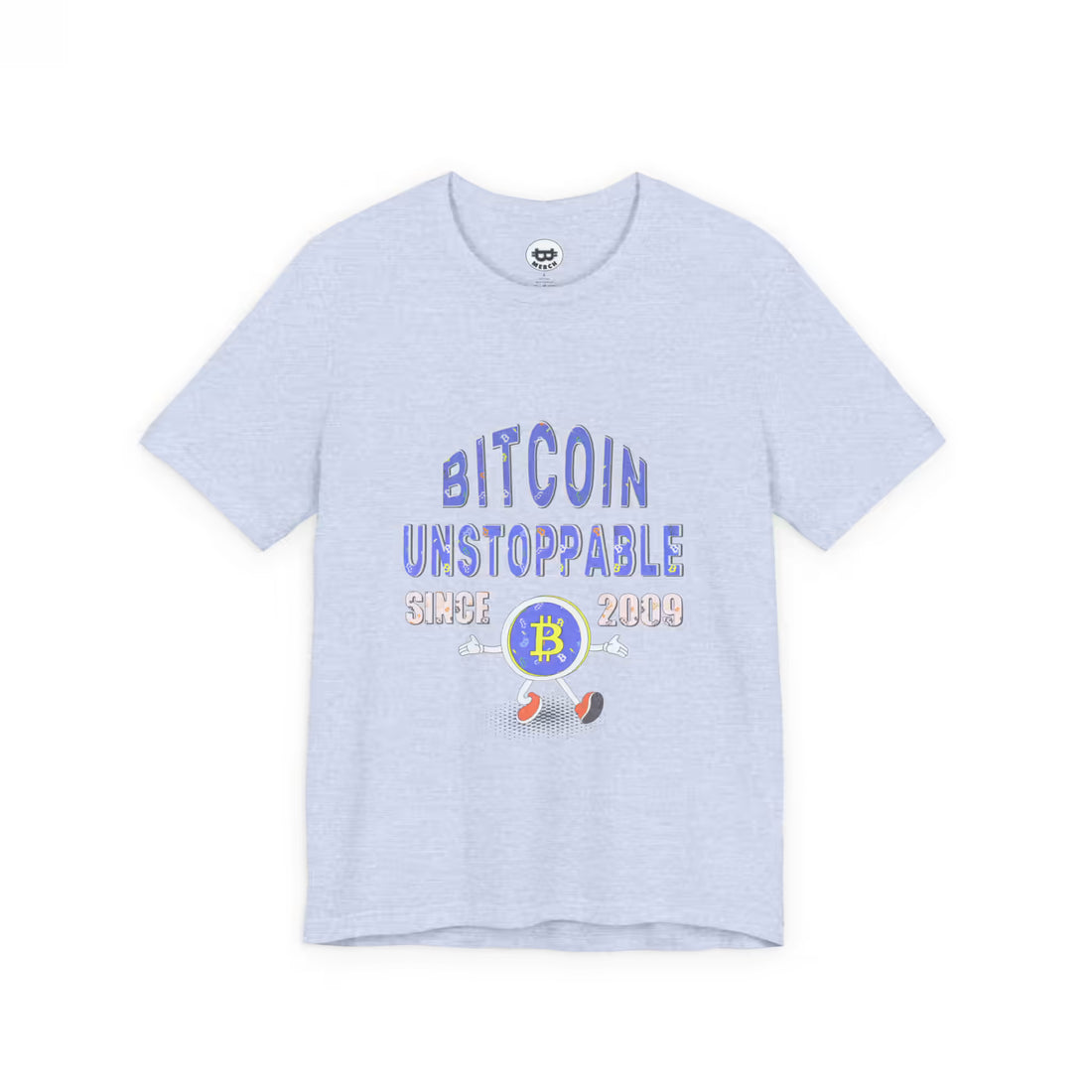 Flat front view of the heather prism blue Bitcoin Unstoppable Since 2009 t-shirt. Durable Bella Canvas 3001 quality.
